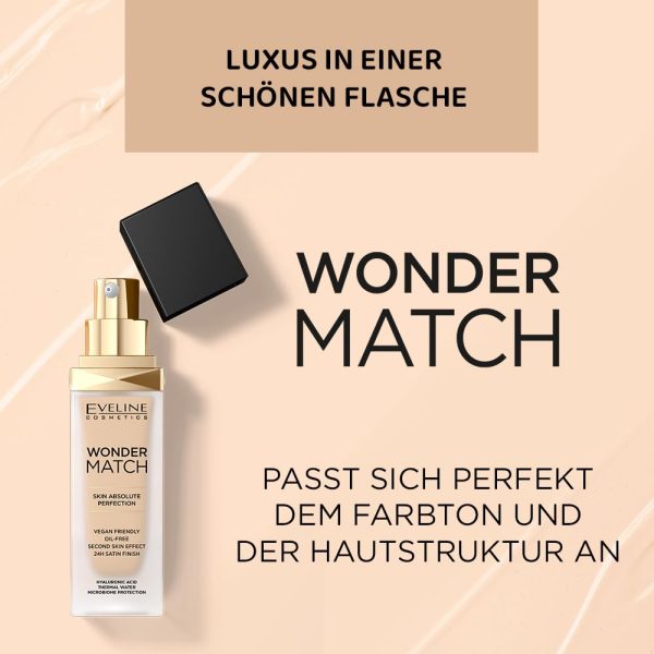 Eveline Cosmetics Wonder Match Flüssige Foundation - 24H Makelloser Teint, Vegan-freundlich, Öl-frei, Volle Deckkraft mit Hyaluronsäure & Thermalwasser für Glatte & Elastische Haut 2