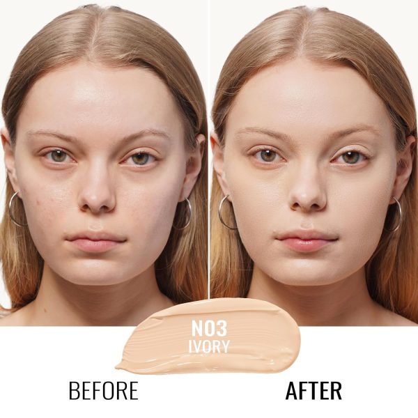 Oulac Foundation Make Up, Flüssige Foundation mit Aloe Vera, Foundation mit hoher Deckkraft, Wasserfest und Langanhaltend, Gesichts Foundation 30ml, Farbton: 03 Ivory 2