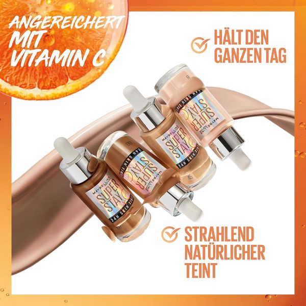 Maybelline New York Foundation, Langanhaltendes Make-Up mit Vitamin C, Vegane Formel, Super Stay Skin Tint, Nr. 30 3