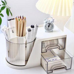 Coyanyu Schreibtisch Organizer mit Schublade, Multifunktionaler 360° Drehbar Stifthalter Schreibtisch Büro Organizer für Schule, Büro, Stifte, Schulbedarf, Make Up Kosmetik Weiß 10