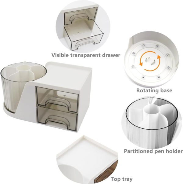 Coyanyu Schreibtisch Organizer mit Schublade, Multifunktionaler 360° Drehbar Stifthalter Schreibtisch Büro Organizer für Schule, Büro, Stifte, Schulbedarf, Make Up Kosmetik Weiß 5